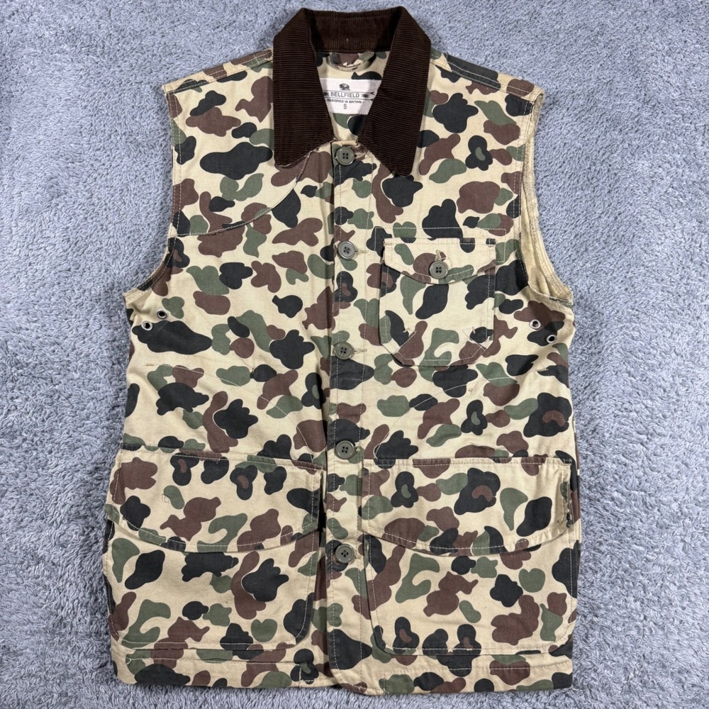 Bellfield Hunting Canvas Vest Mens Small Duck Camo Corduroy Collar Utility Somoa